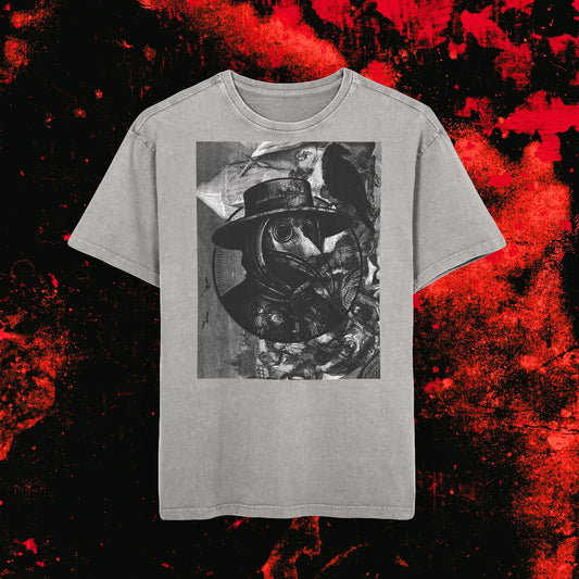 Unisex Acid Washed Oversized Tee - Plague Doctor - Grunge Streetwear, Unisex Graphic Tee for Casual Outings, Relaxed Fit, Gothic Style