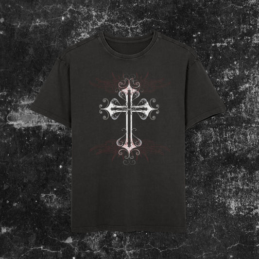 Unisex Acid Washed Oversized Tee with Cross Design, Grunge Style T-Shirt for Concerts, Casual Outfits, Streetwear Fashion