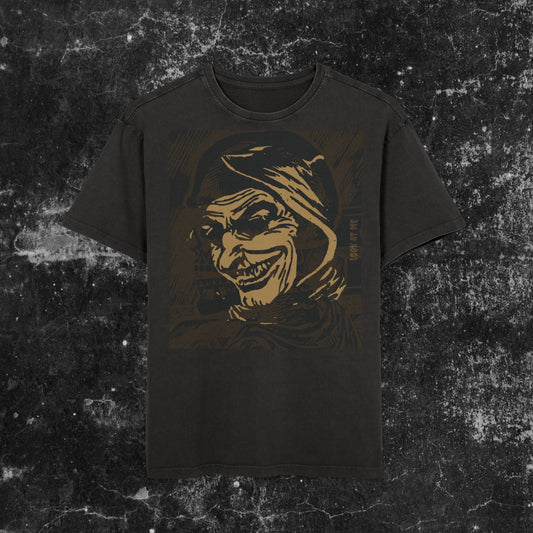 Unisex Acid Washed Oversized Graphic Tee - Vintage Grunge Shirt, Casual Streetwear, Horror Aesthetic, Perfect for Halloween