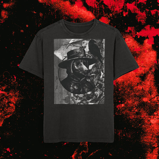 Unisex Acid Washed Oversized Tee - Plague Doctor - Grunge Streetwear, Unisex Graphic Tee for Casual Outings, Relaxed Fit, Gothic Style